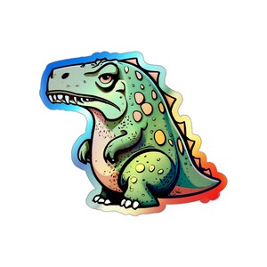 May include: A cartoon illustration of a green dinosaur with yellow spots, looking sad. The dinosaur is outlined in a rainbow gradient.