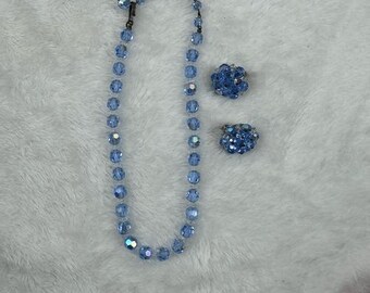 Vintage Laguna Blue Faceted Crystal Glass Necklace & Earrings Set Jewelry