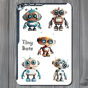May include: A sheet of stickers featuring five cartoon robots with different colors and designs. The robots are labeled "Tiny Bots" and the sheet is titled "Sky Castle Stickers".