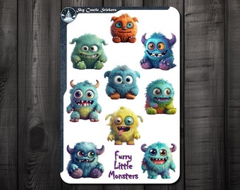 Furry Little Monsters Sticker Sheet, Cute Journal Stickers, Cute Monsters Waterproof Stickers, Water Bottles Stickers, Laptop Decals