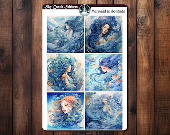 Mermaid in Solitude Sticker Sheet, Beautiful Mermaid Waterproof Stickers, for Journals, Water Bottles, Laptop Decals, Phone Cases etc.