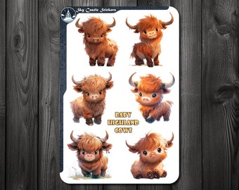 Baby Highland Cows Sticker Sheet, Cute Highland Cow Waterproof Stickers, for Journals, Water Bottles, Laptop Decals, Phone Cases etc.