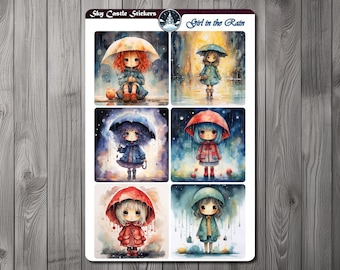 Girl in the Rain Sticker Sheet, Cute Waterproof Stickers, Journals Stickers, Scrapbook Stickers, Water Bottle Stickers, Laptop Decals, etc