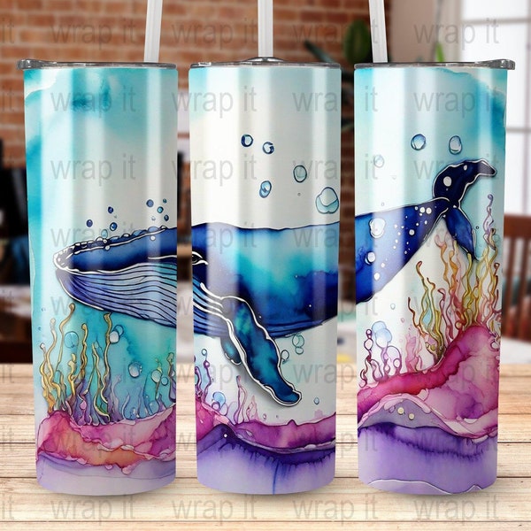 Whale Ocean Alcohol Ink Tumbler Wrap PNG, Digital Instant Download, 20 oz 30 oz Skinny Tumbler, Sublimation png, Humpback Whale Glass