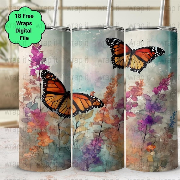 Monarch Butterflies Watercolor Flowers Tumbler Wrap PNG, Sublimation Tumbler, 20 oz Skinny Tumbler, Instant Download, Flutterbys Flowers png