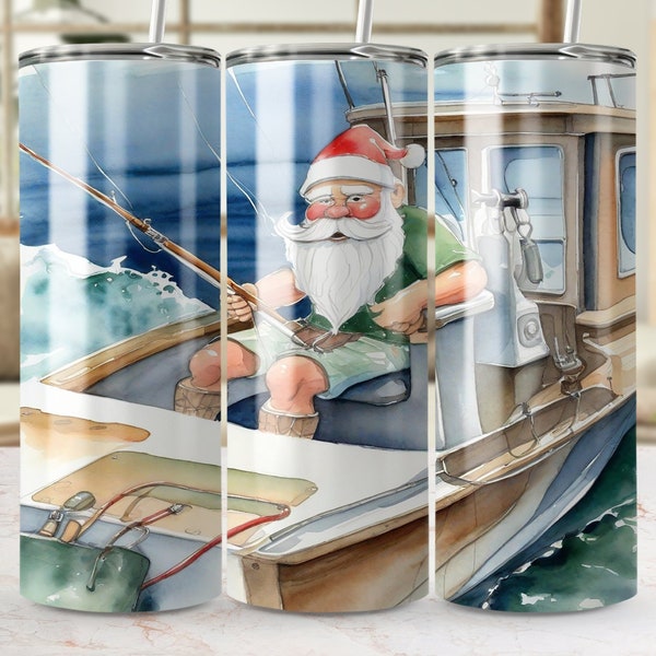 Santa Fishing Tumbler Wrap PNG, Sublimation png, Instant Download, 20 oz 30 oz Skinny Tumbler Wrap, Boating Santa Tumbler, Christmas Wrap