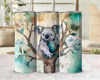 Koala in Tree Tumbler Wrap PNG, Sublimation Design, Instant Download, 20 oz 30 oz Skinny Tumbler Wrap, Watercolor Koala Bear Tumbler PNG
