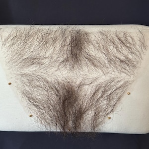 Puede incluir: Una almohada rectangular blanca con un mechón de pelo castaño adjunto. El pelo está dispuesto en forma triangular, con varios pequeños tachuelas doradas alrededor de los bordes. El fondo es una superficie azul oscuro.