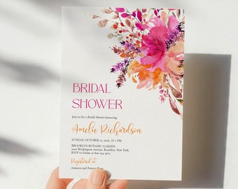 Floral Bridal Shower Invitation Template Hot Pink & Orange Editable Bride-to-be Invitation (Digital Download)