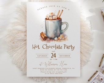 May include: A white invitation card with gold lettering for a hot chocolate party. The invitation features a watercolour illustration of a mug of hot chocolate with marshmallows and cinnamon sticks. The text reads "Please join us for a Hot Chocolate Party, Sat. December 24 at 7 PM at Williams Home".