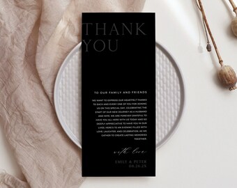 Black Wedding Thank You Card Template, Minimalist Thank You Template, Printable Thank You Card, Fully Editable, Instant download, NOIR
