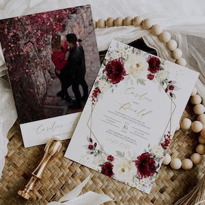 Burgundy Floral Wedding Invitation Template with Photo (Digital Download, EMP-480)