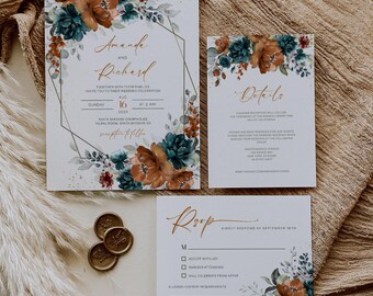 Dusty Blue Terracotta Wedding Invitation Suite Teal Orange Wedding Invite Set Editable Printable Template (Digital download, EMP-420)