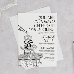 Champagne Tower Wedding invitation Doodle Wedding Invite Whimsical Wedding Invitation Hand Drawn Scribble Invite, INSTANT Download, EMP-442
