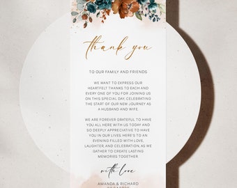 Burnt Teal Wedding Thank You Card Template Floral Teal Thank You Card Terracotta Template Printable Editable INSTANT download, EMP-420