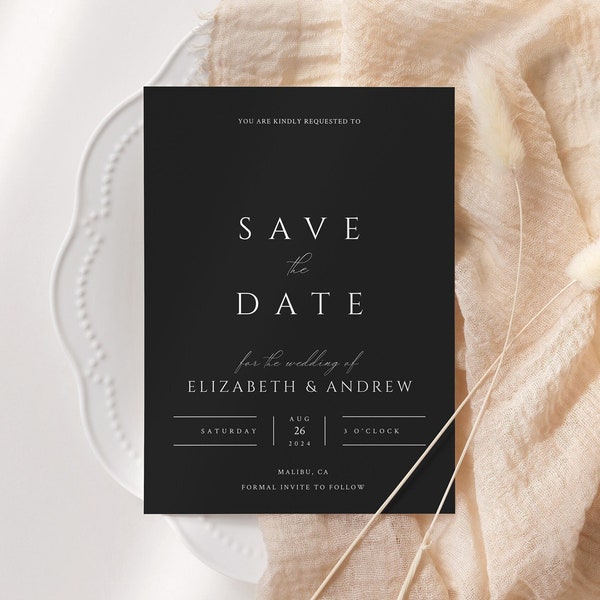 Black Save the Date Template, Modern Save the Date Invite, Printable, Fully Editable, Templett, Instant download, Elegant Invite