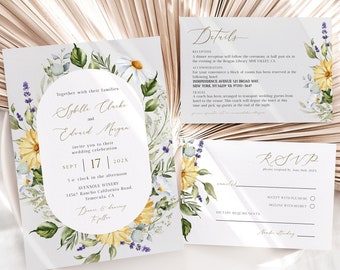 Wildflower Wedding Invitation Suite Template, Spring Wedding Invite Set, Printable, Fully Editable, RSVP, Details