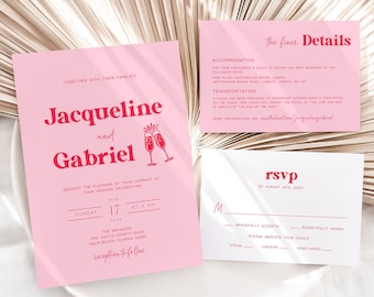 Pink & Red Wedding Invitation Suite: Whimsical Doodle Design (Digital Download)