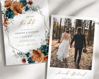 May include: Save the date card with a floral design and gold accents. The card says "Save the Date" for the wedding of Amanda & Richard on Sunday, 16.08.2027. A separate photo card features a couple walking in a forest with the text "Amanda & Richard" and the date "Sunday, August 11, 2024".