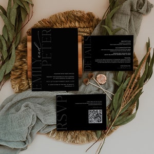 Schwarze Hochzeitseinladungsvorlagen, moderne schwarze Hochzeitseinladungen, druckbar, vollständig editierbar, RSVP, Details, sofortiger Download, KIRA