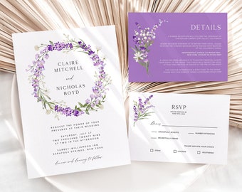 Conjunto de invitaciones de boda lavanda Conjunto de invitaciones de boda lila Conjunto de boda lavanda púrpura Descarga instantánea