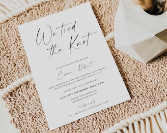 May include: A white wedding invitation card with black text. The text reads "We tied the knot" and includes the names Emma and Robert, the date August 27, 202X, and the location St. Mary's Star of the Sea. The invitation also includes the date and time for the reception, September 27th, 202X at 1 PM, and the location, Surrey Williamson, Saratoga Springs, NY.