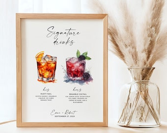 Watercolor Wedding Signature Drinks Sign Template: His and Hers (Digital Download)