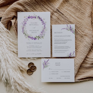 Lavender Wedding Invitation Suite Template Purple Wedding Invite Printable Fully Editable RSVP Details Lavender Wreath Wedding Set, FLEUR