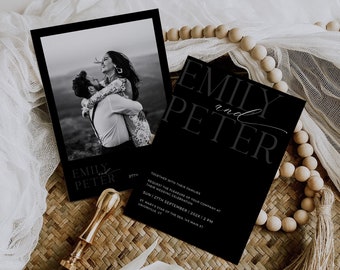 Modern Black Wedding Invitation Template with Photo Sleek Black Wedding invitation card (Digital Download)
