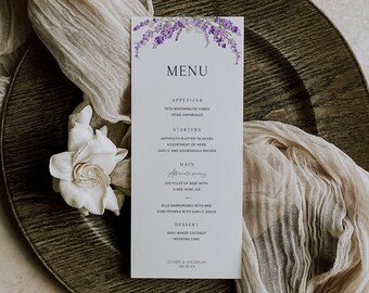 Modelo de Menu de Casamento Lavanda, Modelo de Menu de Casamento Floral Roxo Editável (Download para Impressão), FLEUR