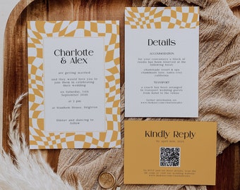 Checkered Wedding Invitation Template Set: Whimsical Printable (Digital Download)