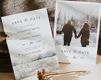 Save the Date Template, Winter Save the Date Invite with photo, Printable, Fully Editable, Instant download, Winter Meadow Save the Date