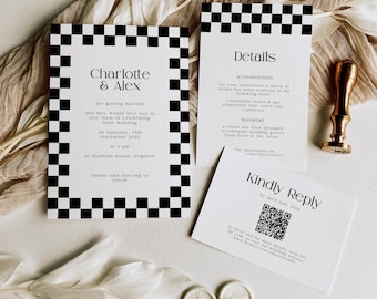 Checkerboard Wedding Invitation Suite: Whimsical Chess Pattern (Printable Editable INSTANT Download)