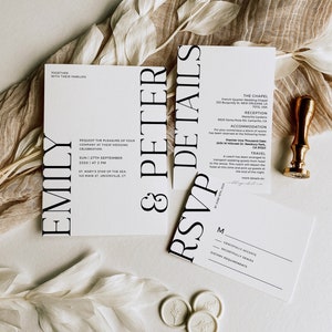 Modern Wedding Invitation Suite Templates, Monochrome Wedding Invites, Printable, Fully Editable, Templett, RSVP, Details, Instant download