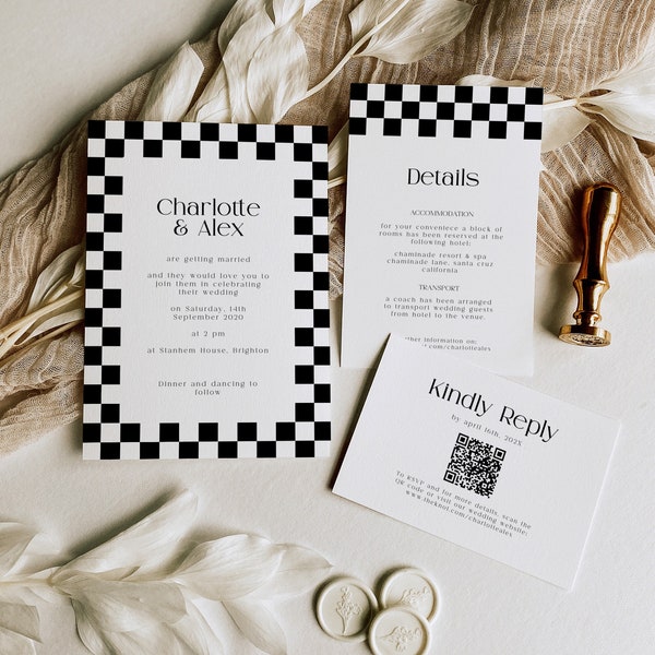 Wedding Invitation Set Template Checkered Wedding Invitation Whimsical Wedding Invitation Chess Pattern Printable Editable Instant Download