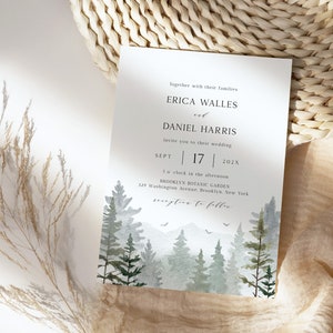 Forest Wedding Invitation Template, Modern Wedding Invite, Printable, Fully Editable Evergreen Wedding Invitations, Mountain Trees Invite
