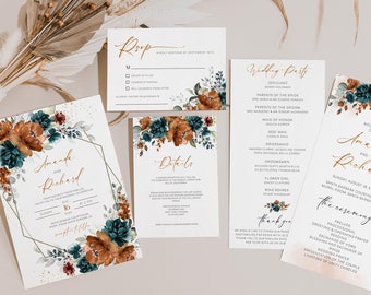 Peut inclure: Suite d'invitation de mariage avec un motif floral bleu sarcelle et orange brûlé. L'invitation comprend les noms "Amanda et Richard", la date "dimanche 16 août 2020" et le lieu "Santa Barbara Courthouse, Mural Room, Santa Barbara, CA".