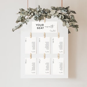 Minimalistische zitplaatsen kaarten sjabloon bruiloft zitplaatsen grafiek hangende zitplaatsen kaarten gast tafel kaarten nummer afdrukbare bewerkbare INSTANT download