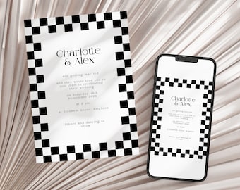 Checkered Wedding Invitation Template: Whimsical Chess Pattern (Digital Download)