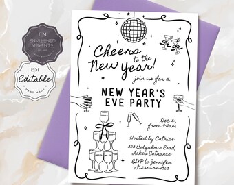 Puede incluir: Invitación a una fiesta de Nochevieja en blanco y negro con el texto "Cheers to the New Year!". El diseño incluye ilustraciones de copas de champán, una bola de discoteca y una pila de copas.
