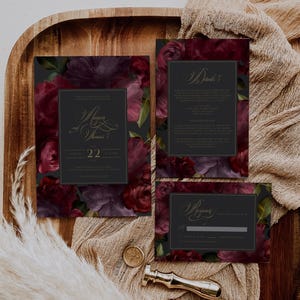 Moody Floral Wedding Invitation Suite - DUSKY ROMANCE Collection - Luxury Darkred/Burgundy/Maroon Florals - Editable in Templett, EMP-332/4
