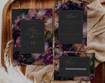 May include: A set of three wedding invitations with a dark background and floral design. The invitations feature gold lettering and a floral pattern with shades of purple, pink, and cream. The text on the invitations reads "Details", "Wedding", and "[Couple's Names] 22".