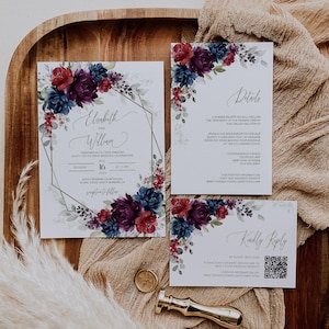 Jewelled Wedding Invitation Suite Template, Red Blue Purple Wedding Invite Set Floral, Printable, Wedding Set INSTANT Download, EMP-422