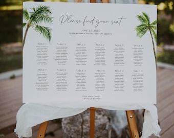 May include: A white seating chart on a wooden easel with the text "Please find your seat" and the date June 23, 202X. The chart lists names under table numbers, with palm tree illustrations. The location is Santa Barbara, Malibu, Ventura County.