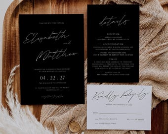 Sleek Black Wedding Invitation Template Set Modern Minimalist Wedding Invite Set (Digital Download, EMP-429)