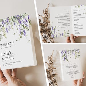 Peut inclure: Ensemble d'invitations de mariage avec un motif floral aquarelle composé de fleurs violettes et de feuilles vertes. Le texte sur les cartes indique "Bienvenue au mariage d'Emily et Peter, St. Mary's Star of the Sea, Old Main, Stonington, CT".