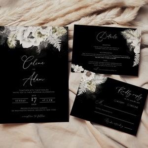 Black Wedding Invitation Templates, Black Floral Wedding Invites, Printable, Fully Editable, Templett, RSVP, Details, Instant download