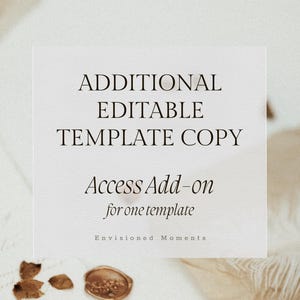 May include: A white card with the text "ADDITIONAL EDITABLE TEMPLATE COPY" and "Access Add-on for one template". The card is surrounded by a neutral background with decorative elements.