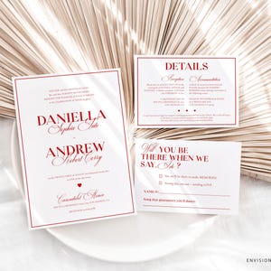 Elegant RED Wedding Invitation Suite Template Red Wedding Invitation Templat Printable Botanical Crest Invitation, Invitation Set, EMP-451