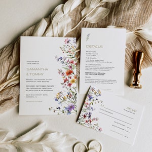 Wildflower Wedding Invitation Suite Template Floral Modern Wedding Invite Printable Editable RSVP Details Wildflower Wedding Set, EMP-003